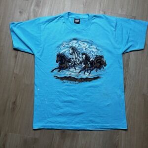 Vintage Horses Running Shirt Large Bar D Chuckwagon Blue Single Stitch